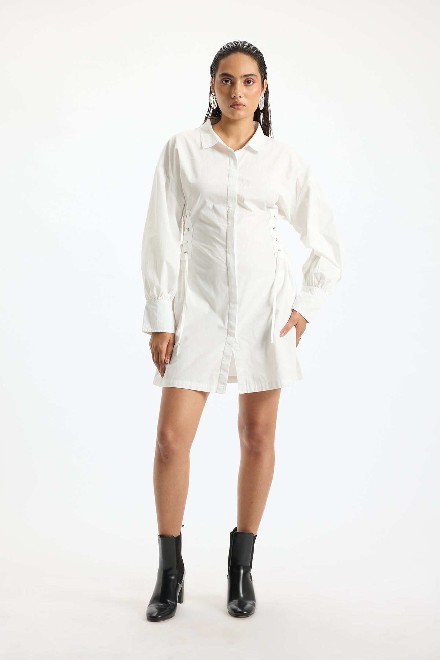 Calin|Comfy Cotton lace up shirt dress