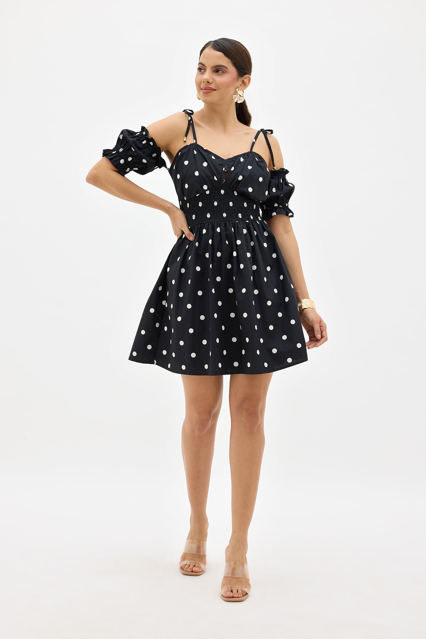 Pixie|Comfy polka dress with detachable sleeves