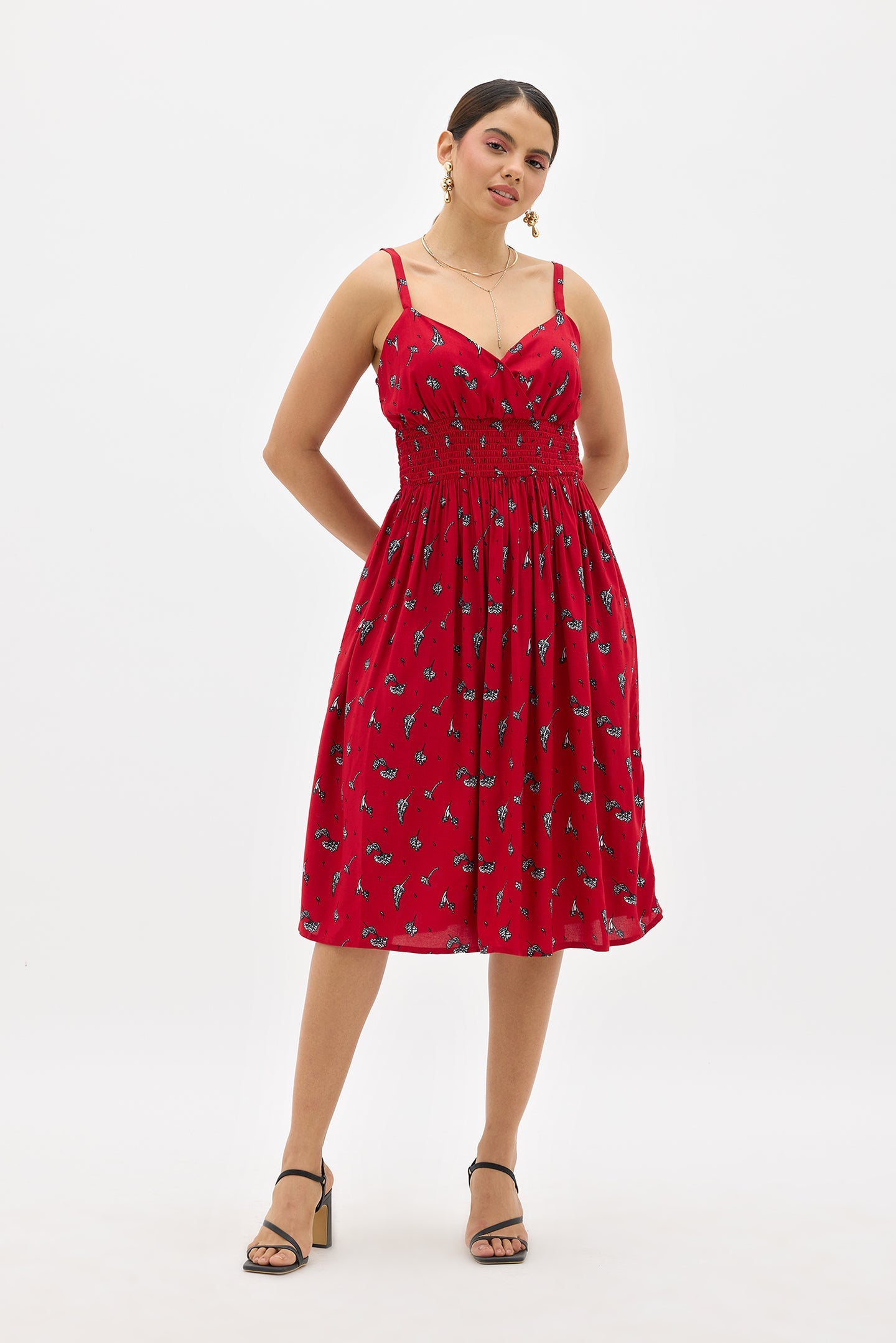 Amelia|Chic viscose smocked waist strappy dress