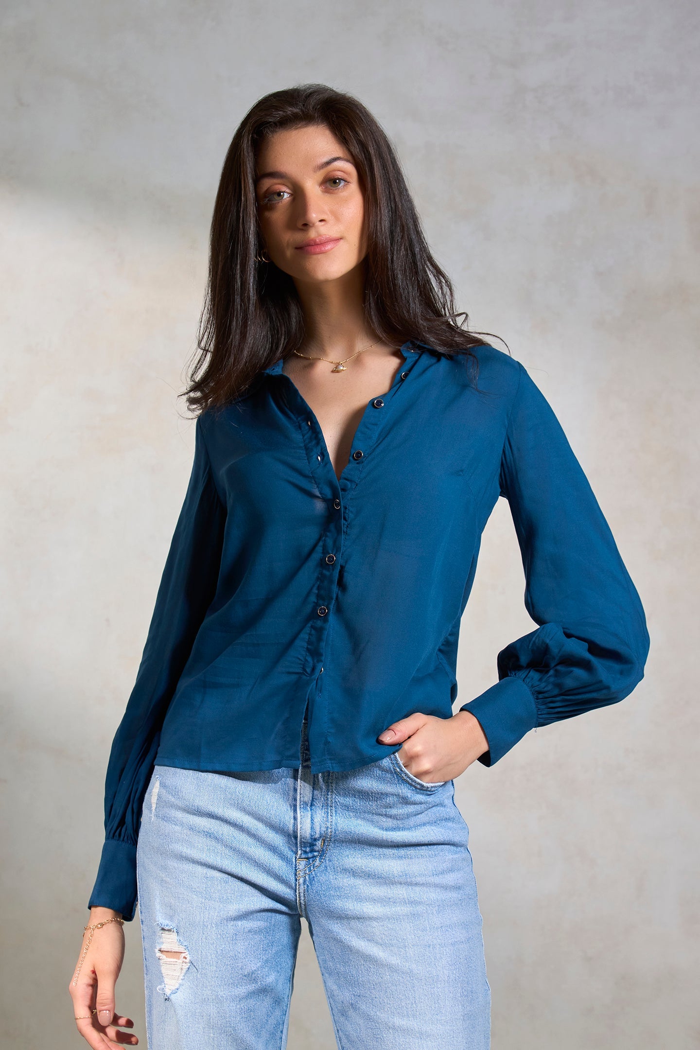 Fia|Airy Viscose Solid Blue Shirt