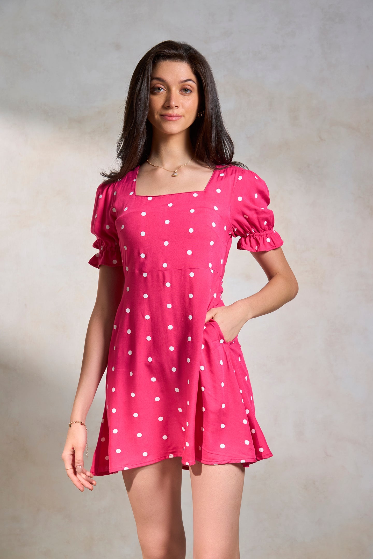 Amlan|Soft Polka Viscose Dress with Pockets