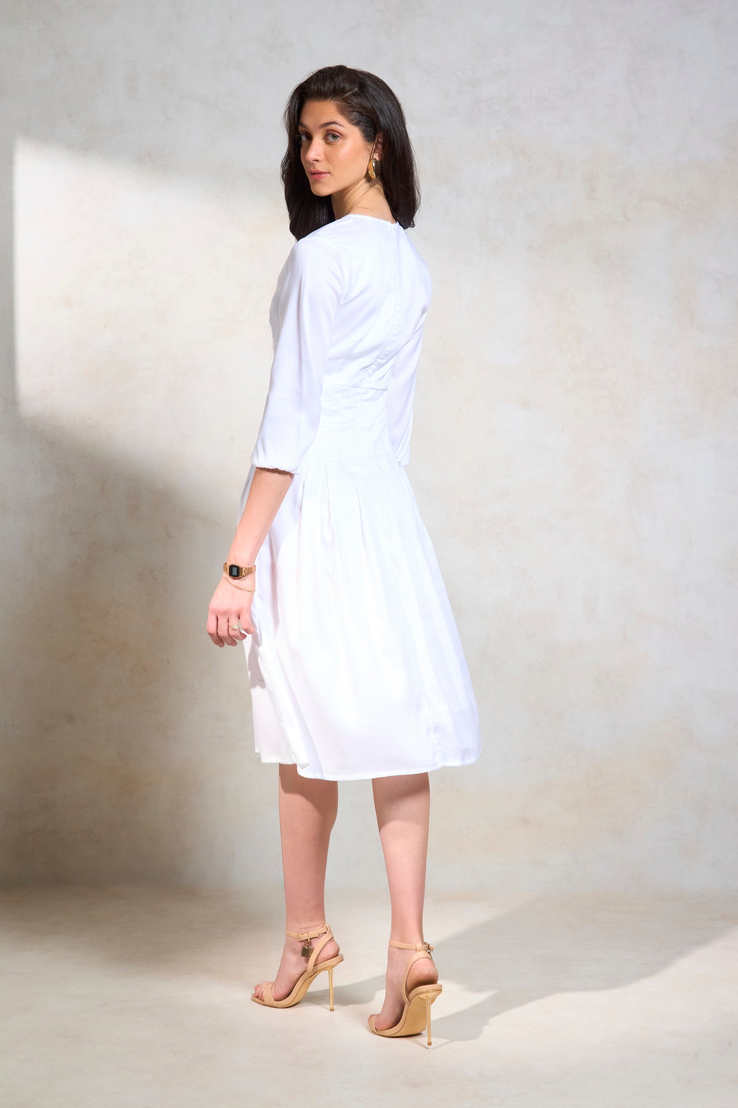 Anida|Breezy cotton fit and flare dress with blouson sleeve