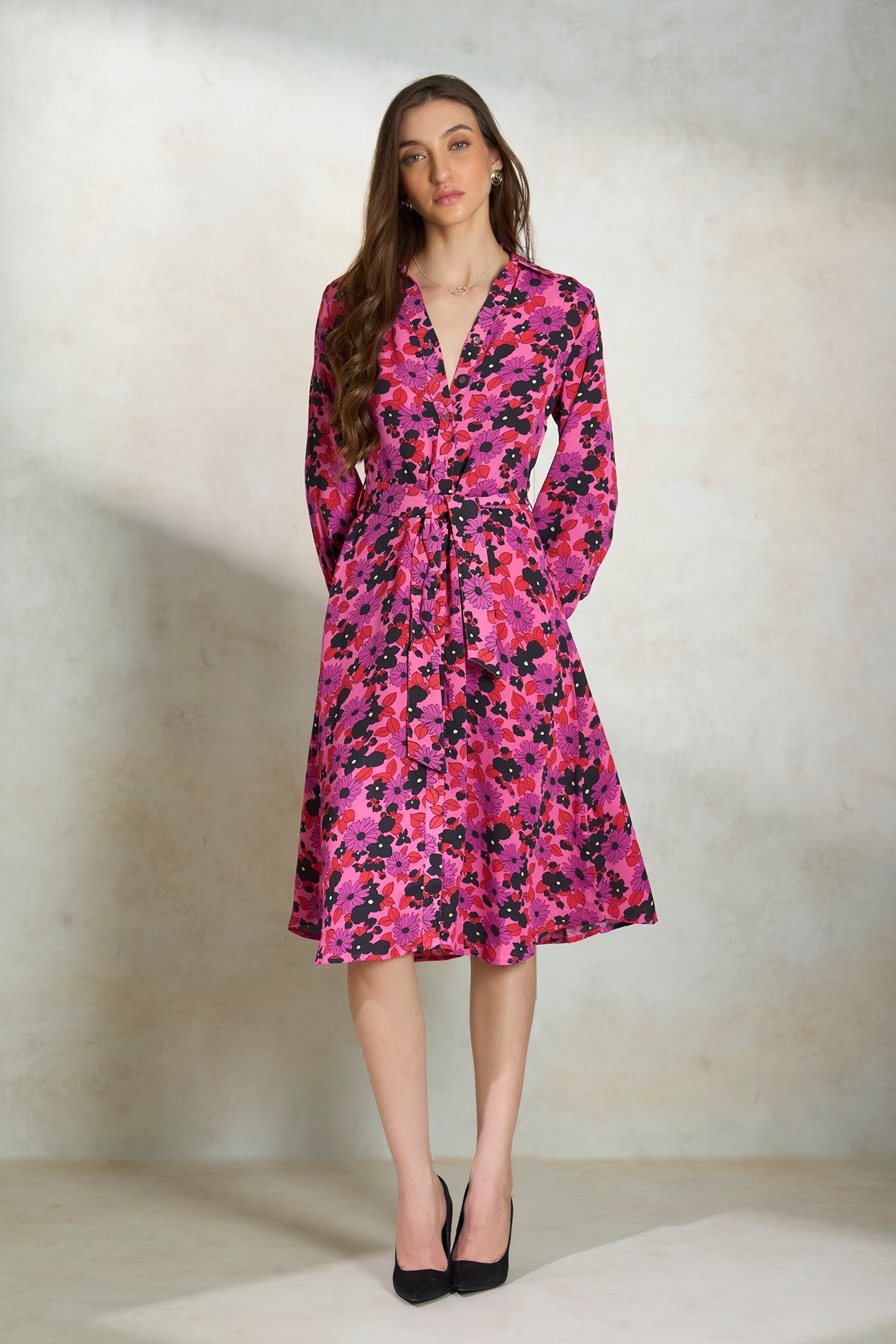 Zahra|Viscose Button-Down Dress with Pockets