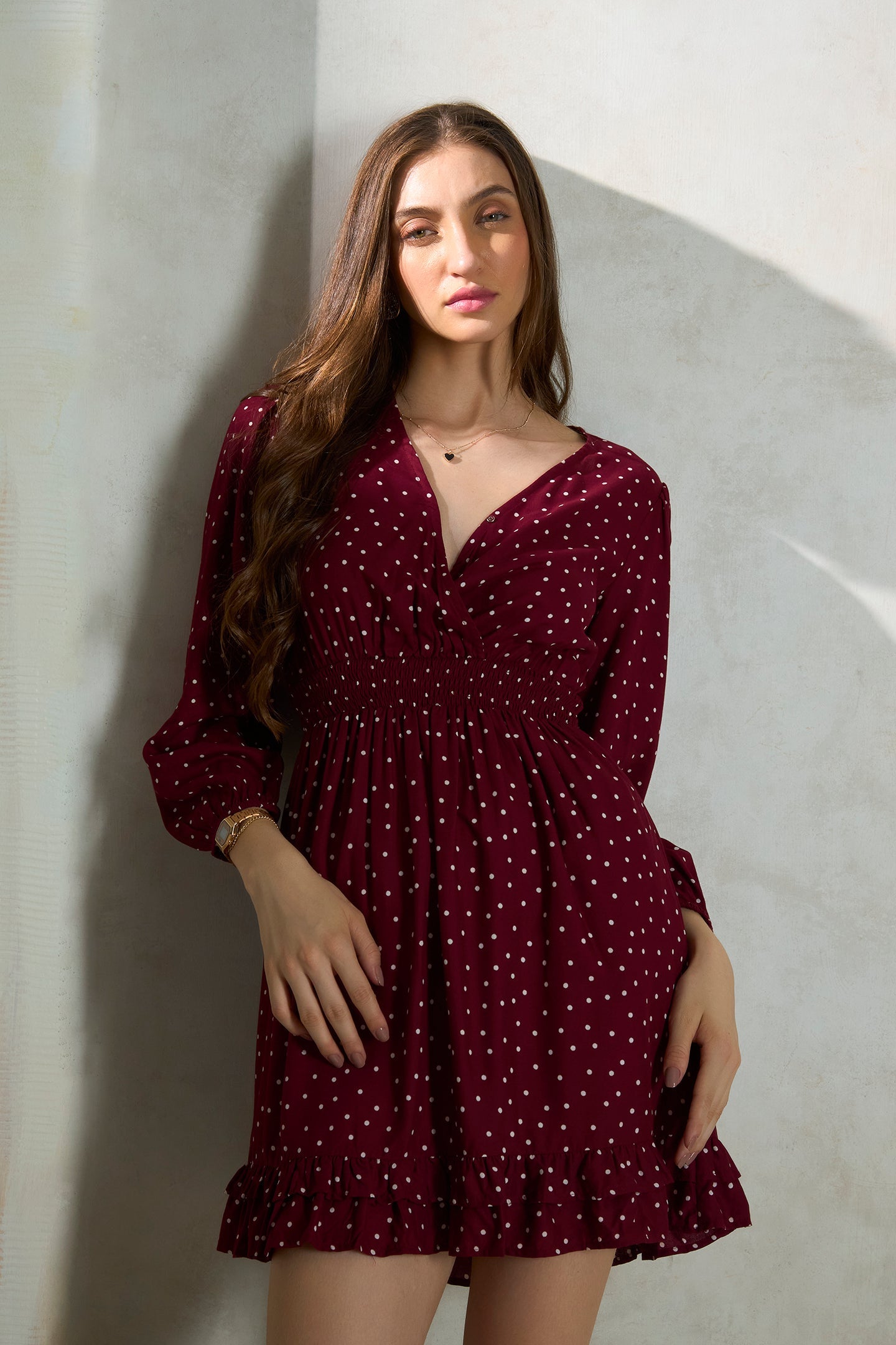 Yasmin|Flowy viscose polka dress with blouson sleeves