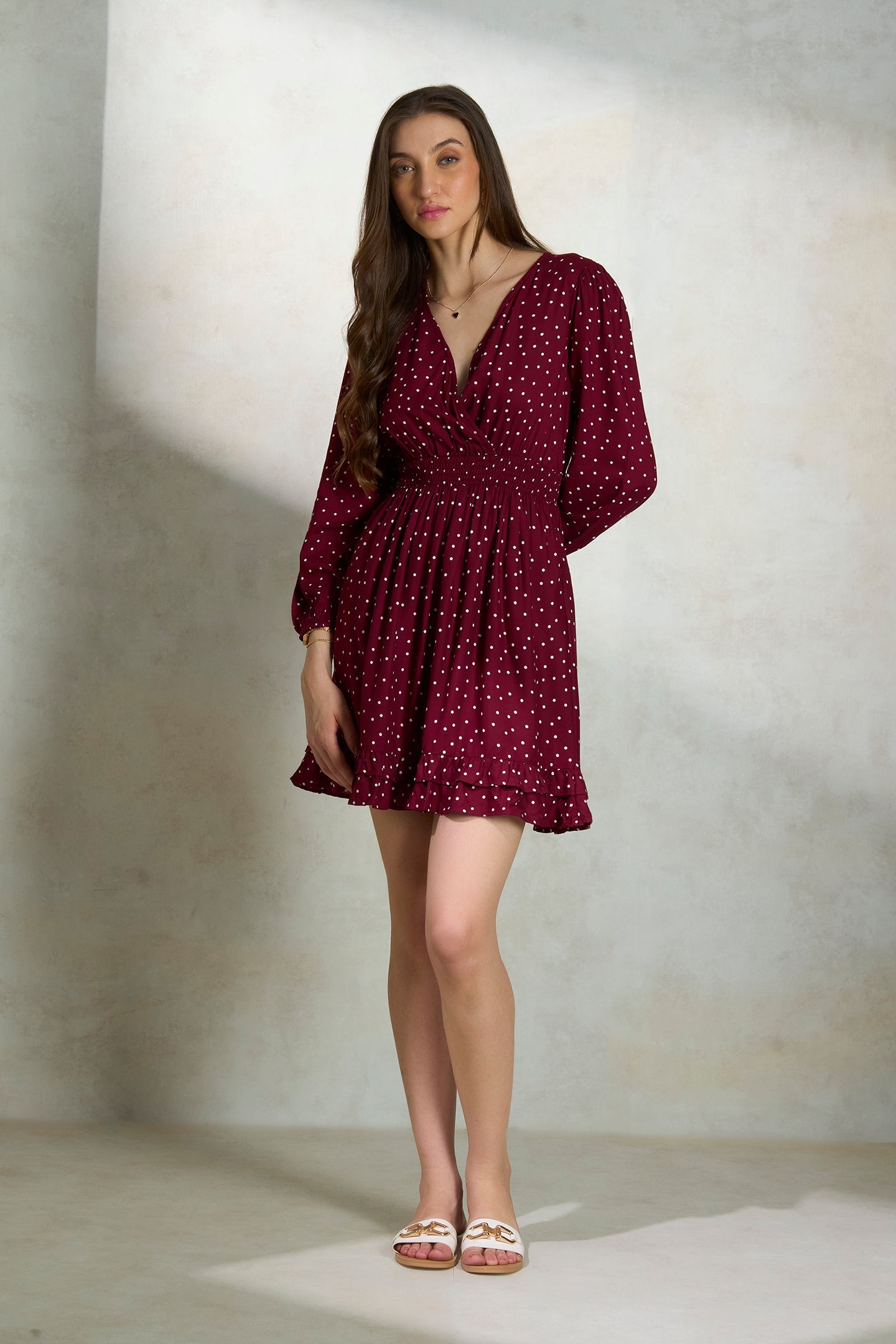 Yasmin|Flowy viscose polka dress with blouson sleeves