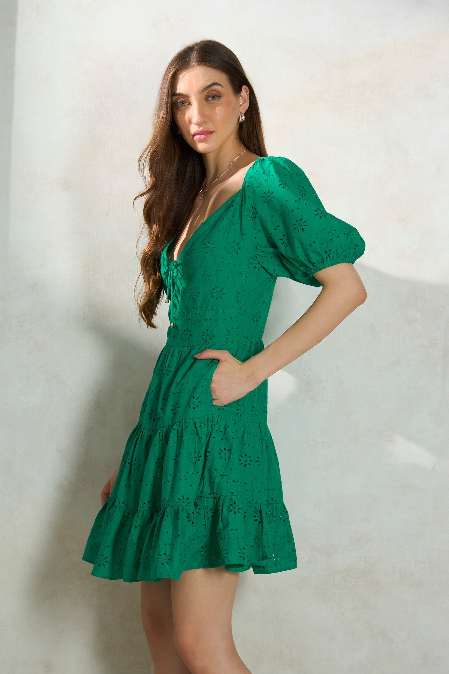 Mona|Soft cotton green schiffli tiered dress