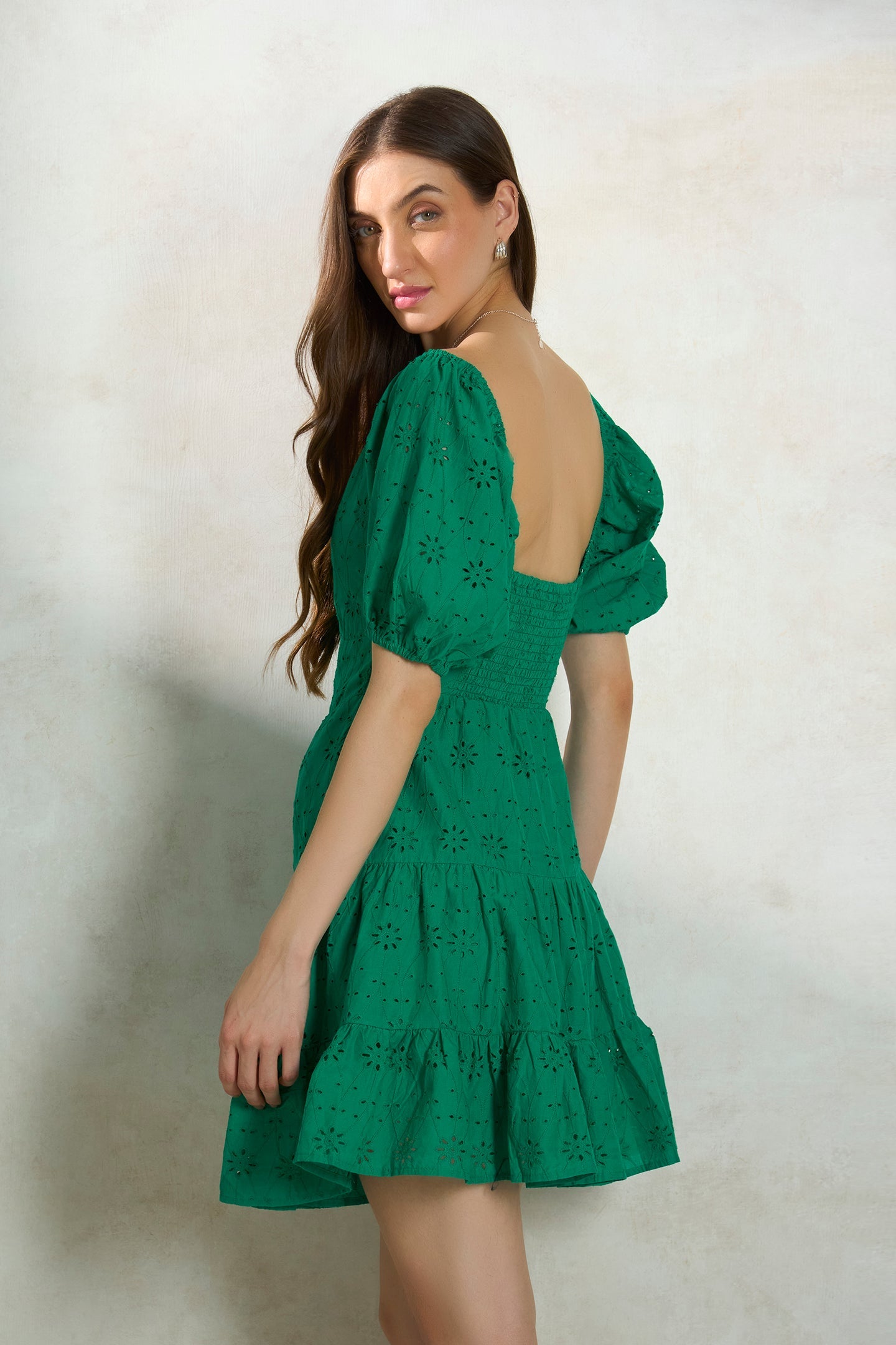 Mona|Soft cotton green schiffli tiered dress