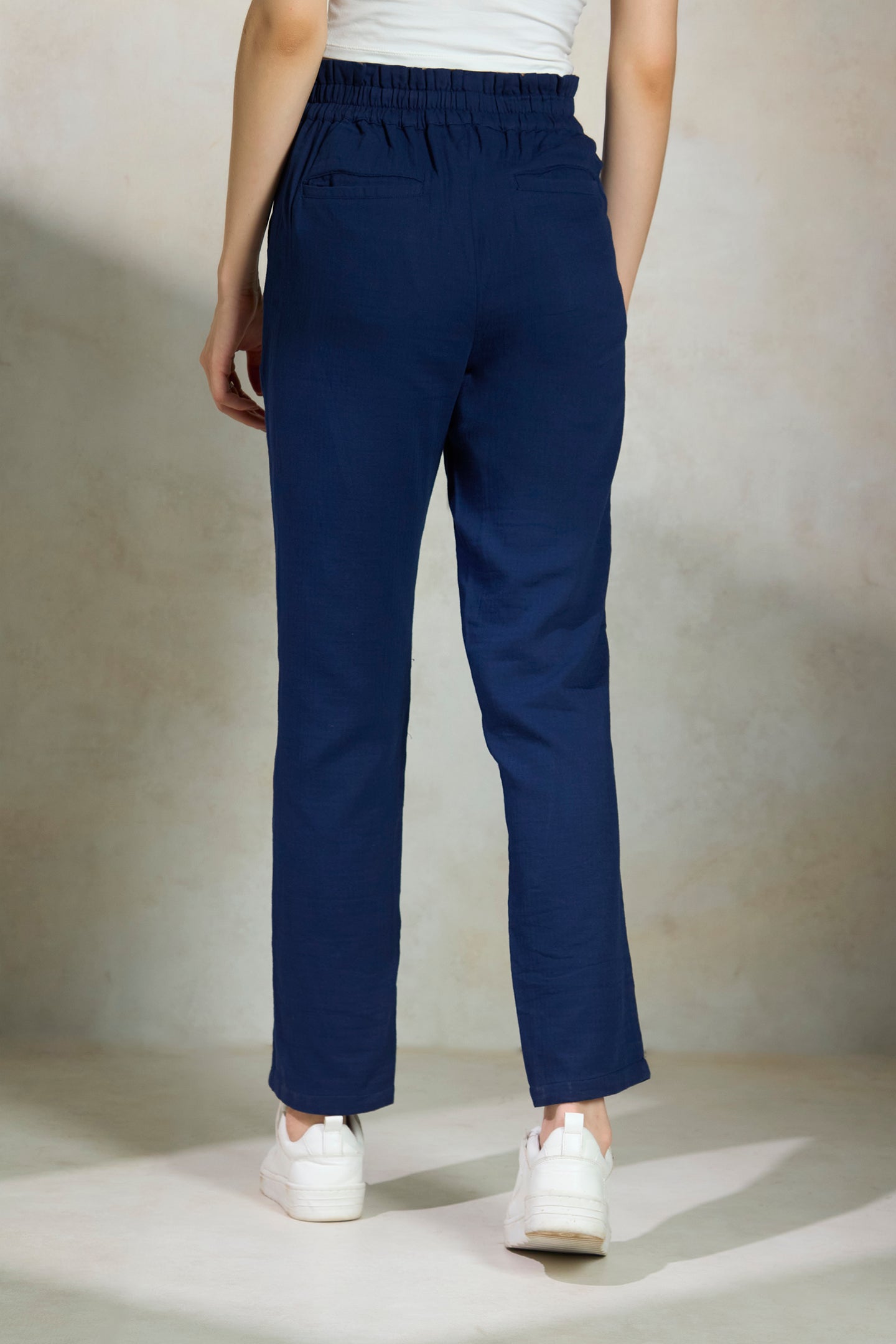 Ellen|Sleek cotton paper bag waist trousers