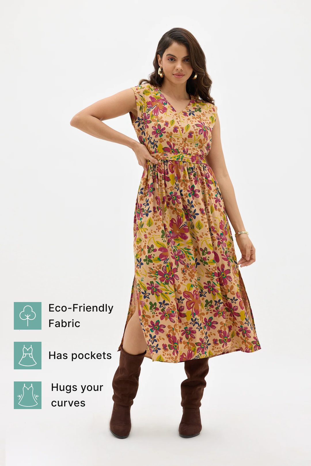 Zarqa|Floral v-neck fit and flare dress