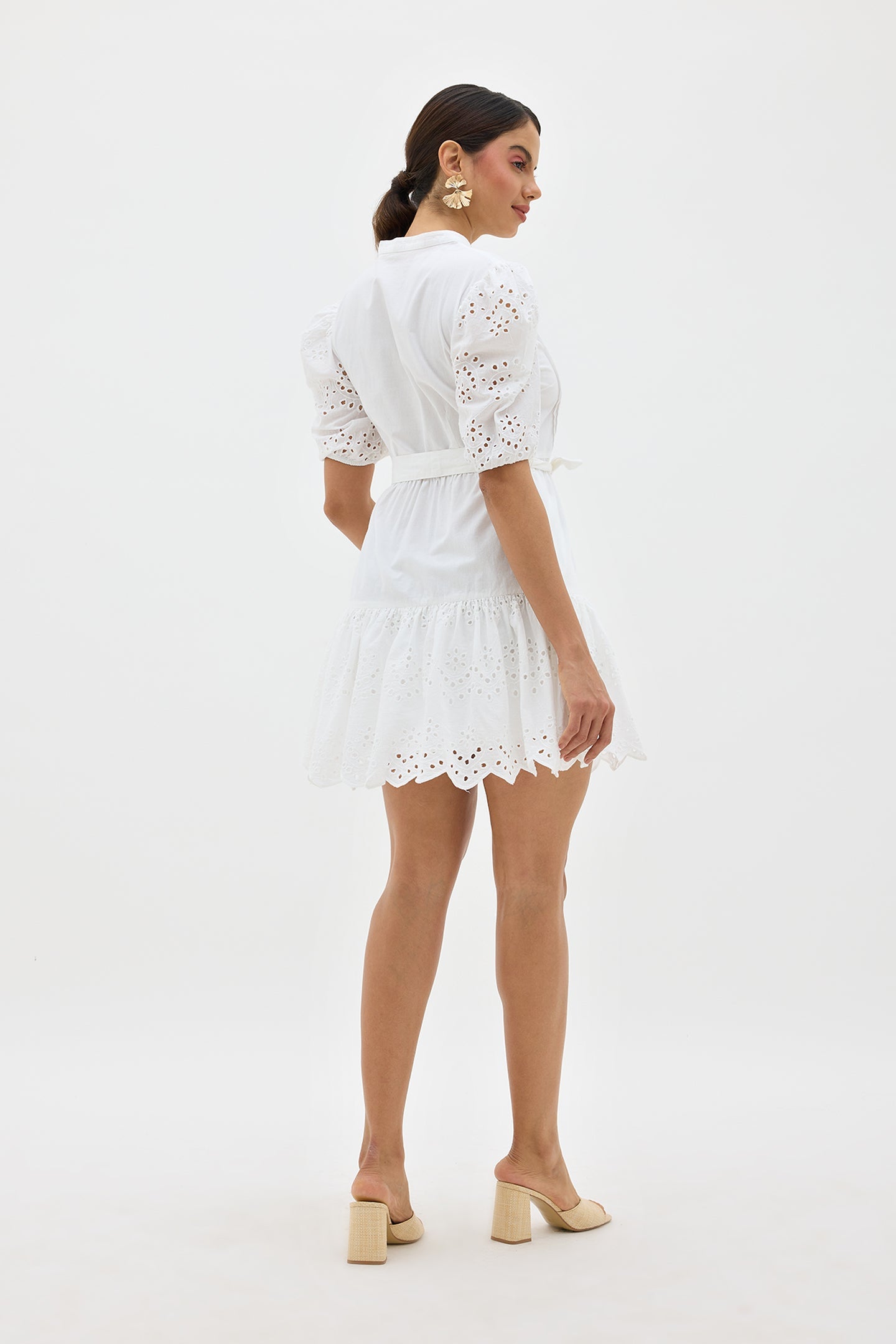 Isla|Soft cotton belted schiffli dress with puff sleeves