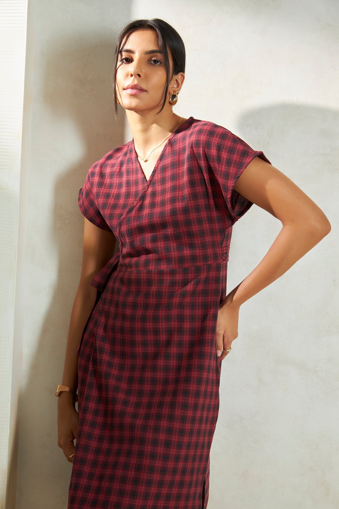 Amira|Checked Cotton Wrap Dress with Pockets