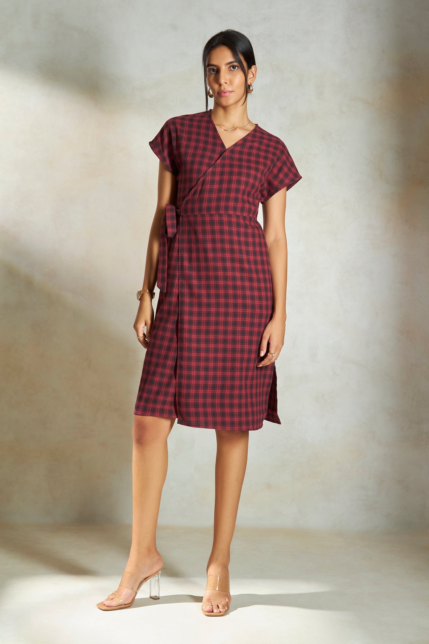 Amira|Checked Cotton Wrap Dress with Pockets