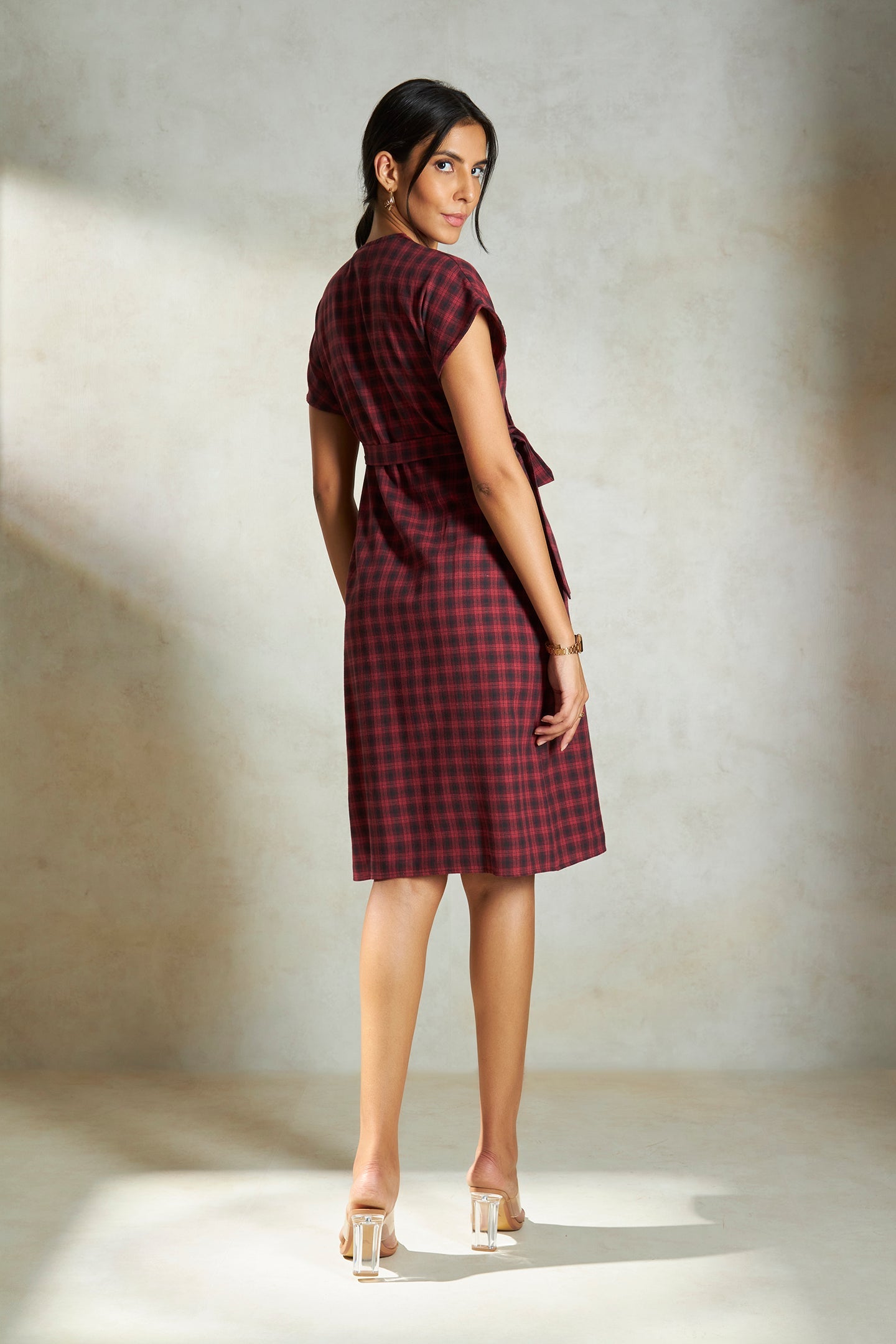 Amira|Checked Cotton Wrap Dress with Pockets