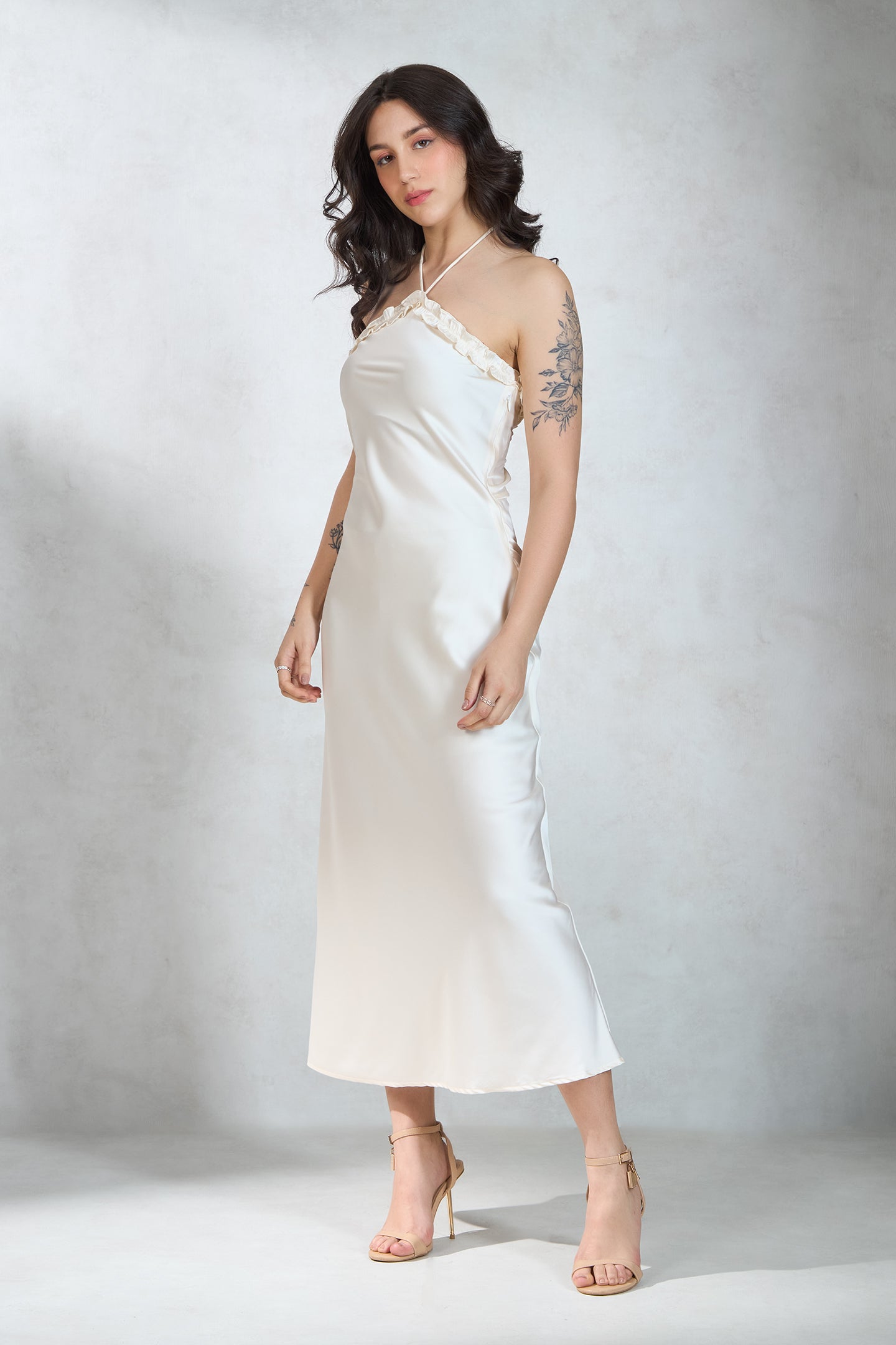 Ashley|Timeless Lycra Satin Halter Neck Dress