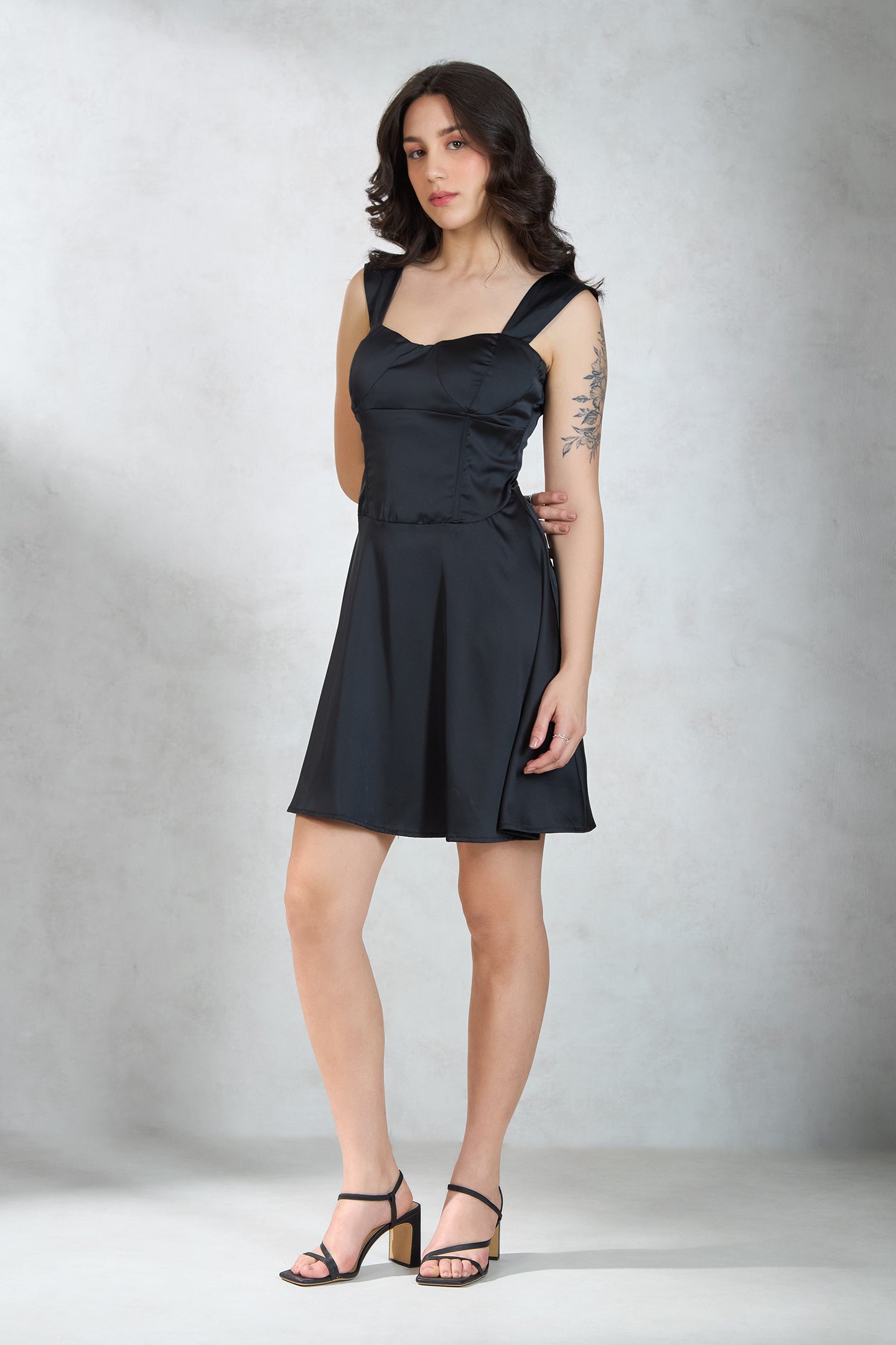 Monica|Chic Lycra Satin Black Corset Detail Dress