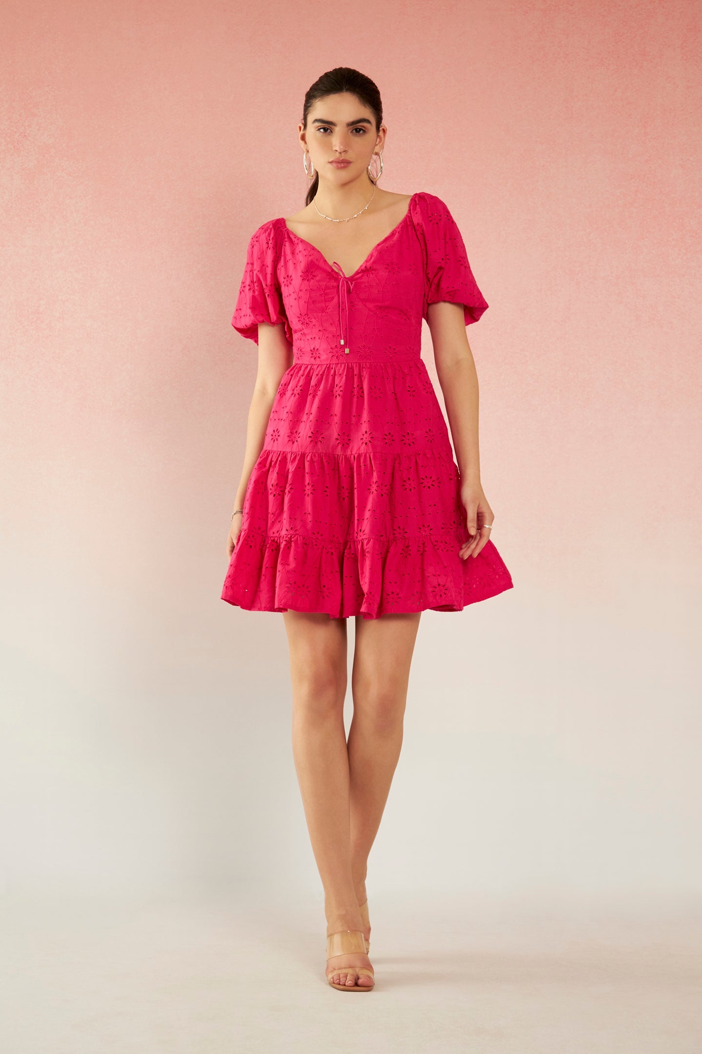 Rhea|Comfy cotton schiffli tiered dress