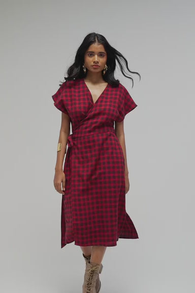 Amira|Red Checkered Midi Wrap Dress with Pockets