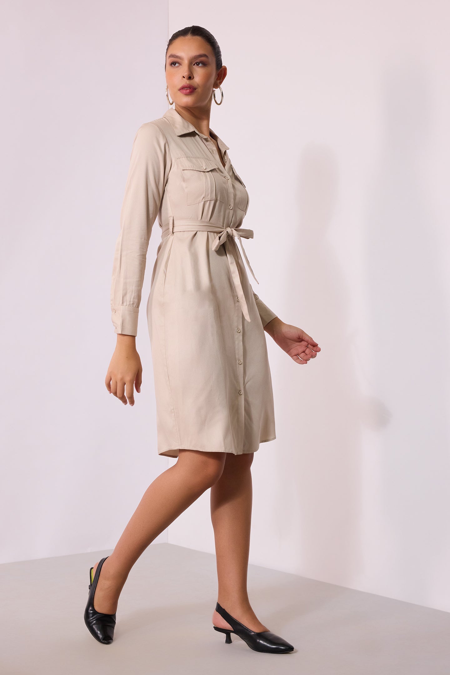 Marsha|Waist Tie Beige Shirt Dress