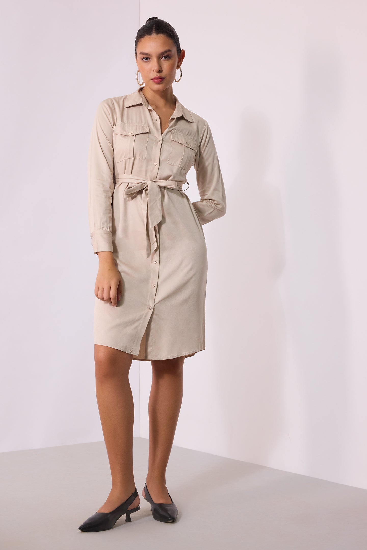 Marsha|Waist Tie Beige Shirt Dress